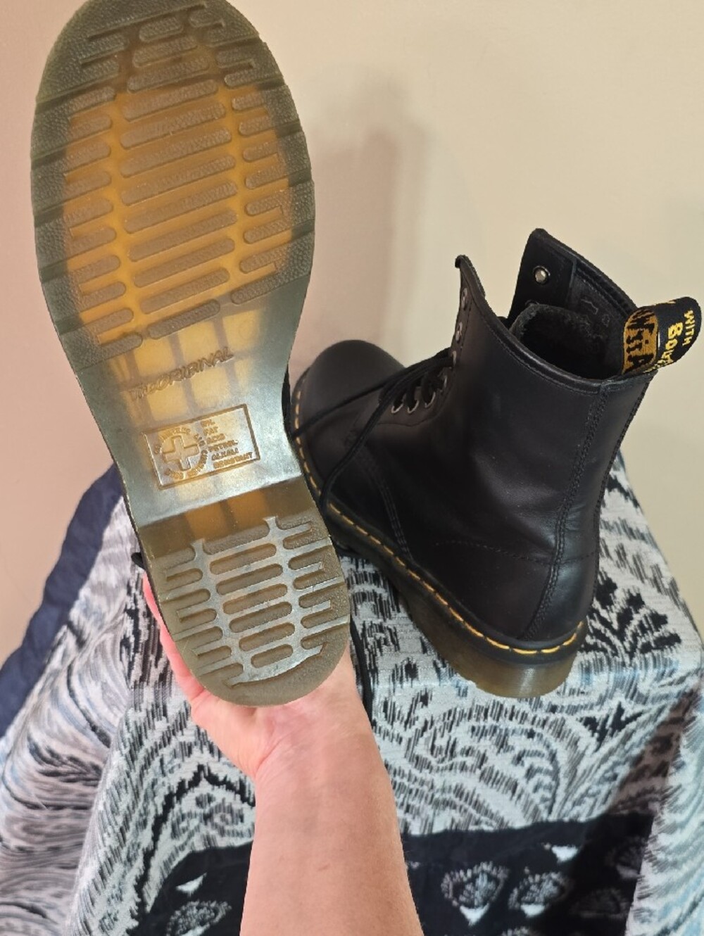 Dr. Martens Black Leather Lace-Up Combat Boots with Yellow Stitching - Picture 6 of 14